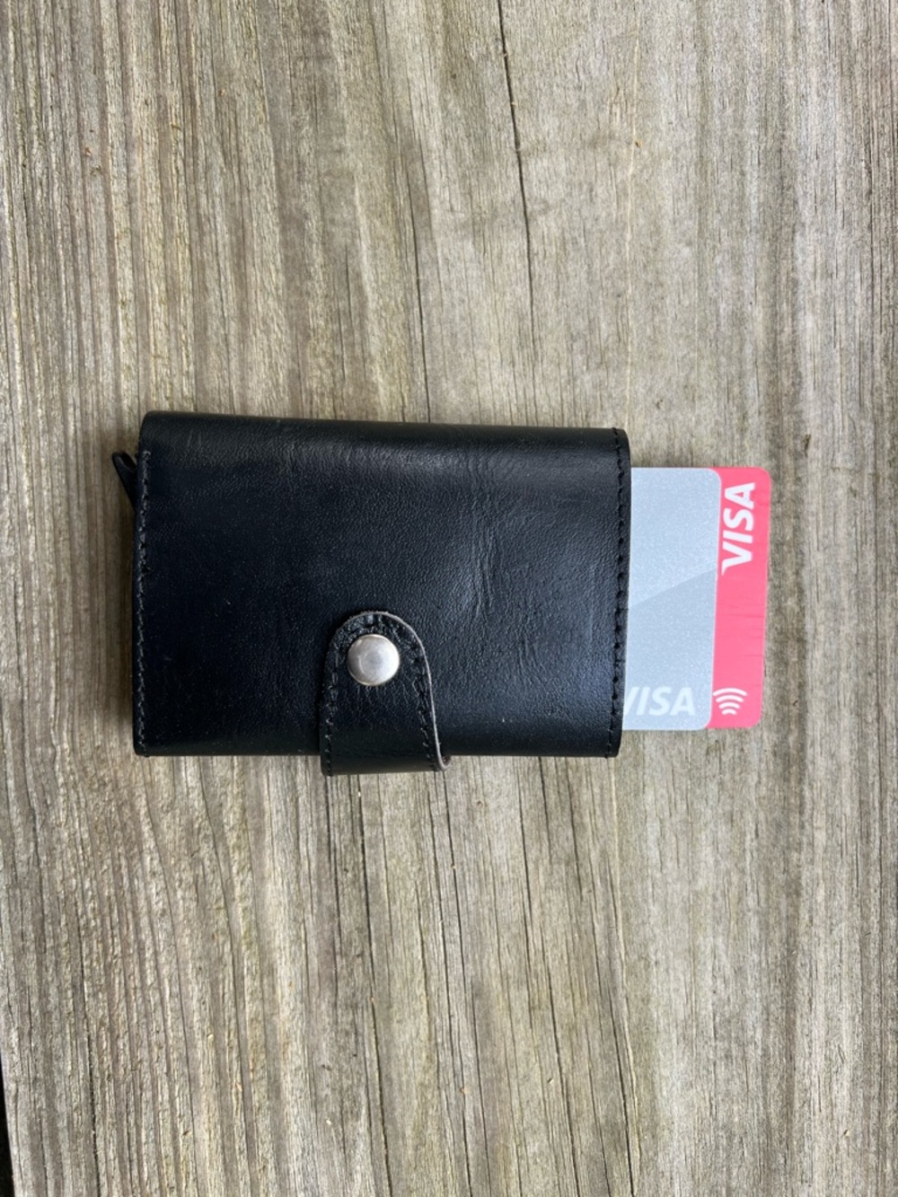 Black Leather Snap Card Wallet with Card Slot